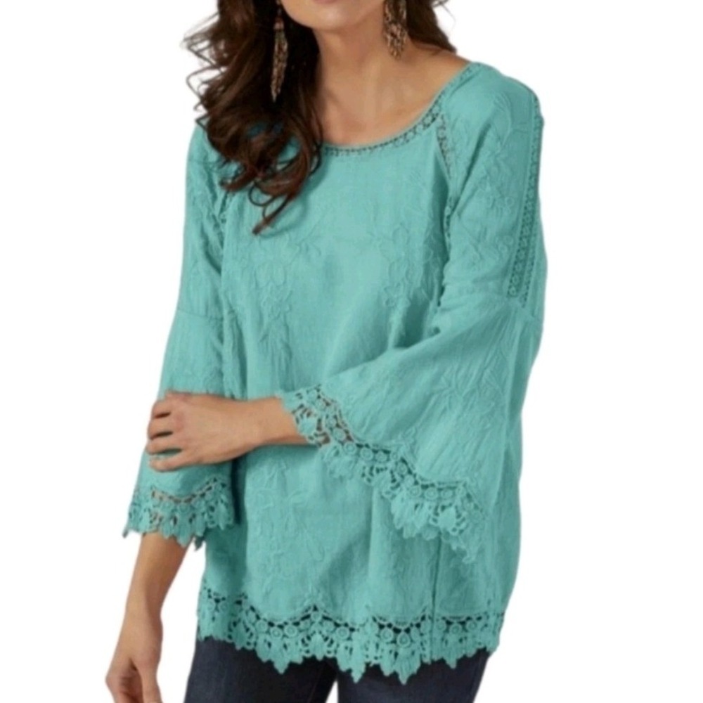 Soft Surroundings Teal Green Romantique Embroidered Lace Trim Blouse Size 2X